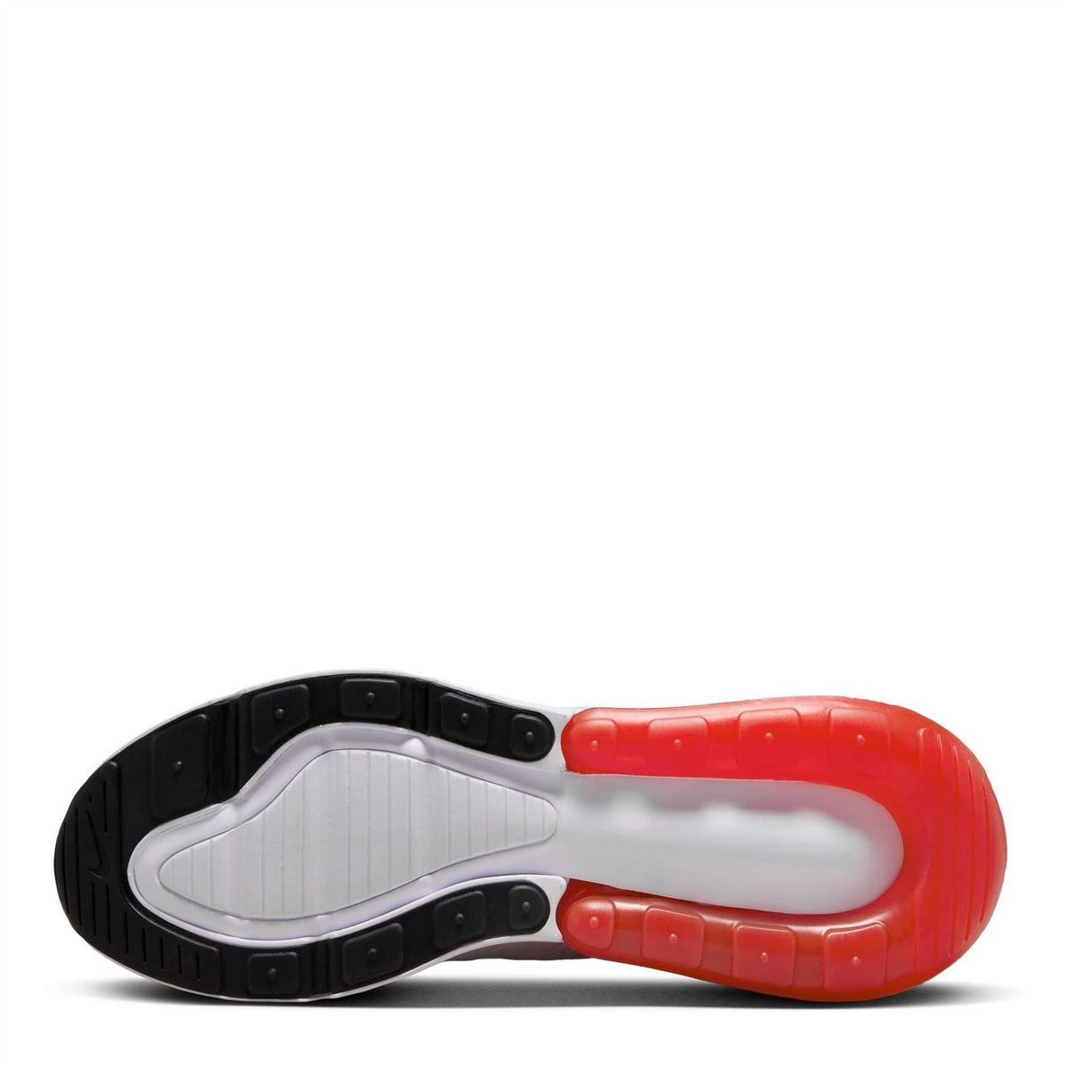 Nike Air Max 270 trainers outsole view with black tread and red midsole window