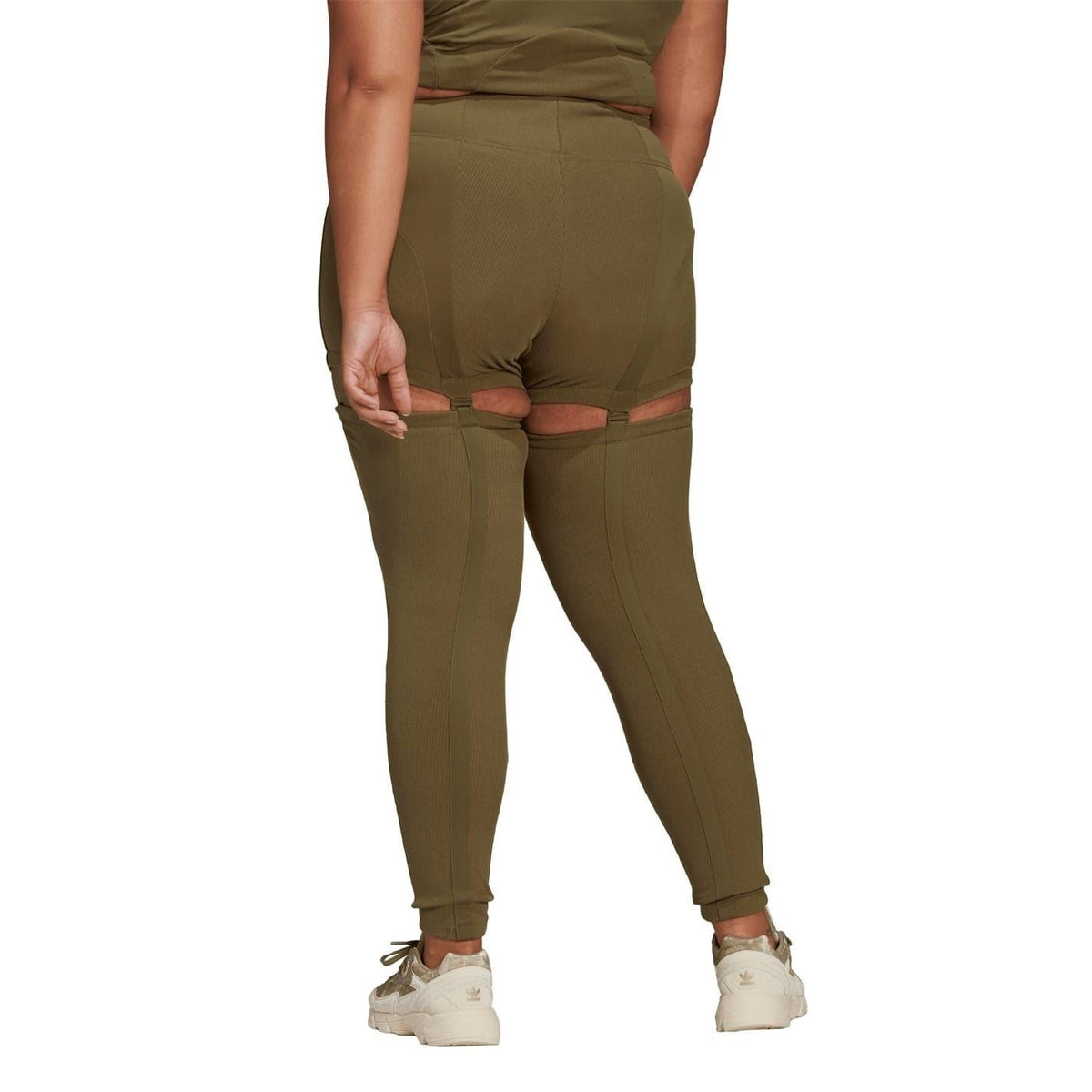 Olive ribbed skinny leggings with layered short hem and exposed thigh panels