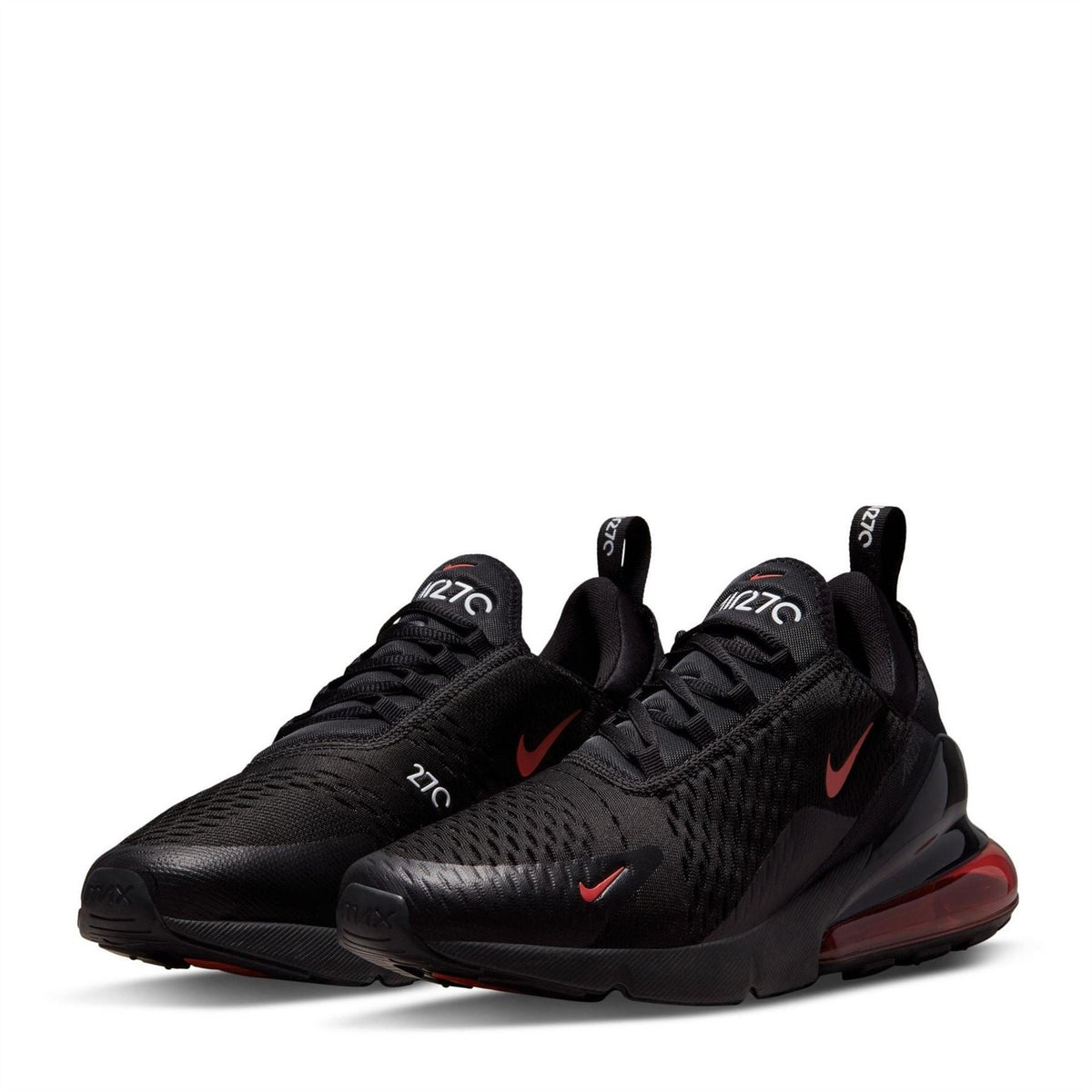 Nike Air Max 270 sneakers, black pair with red air unit and red accents