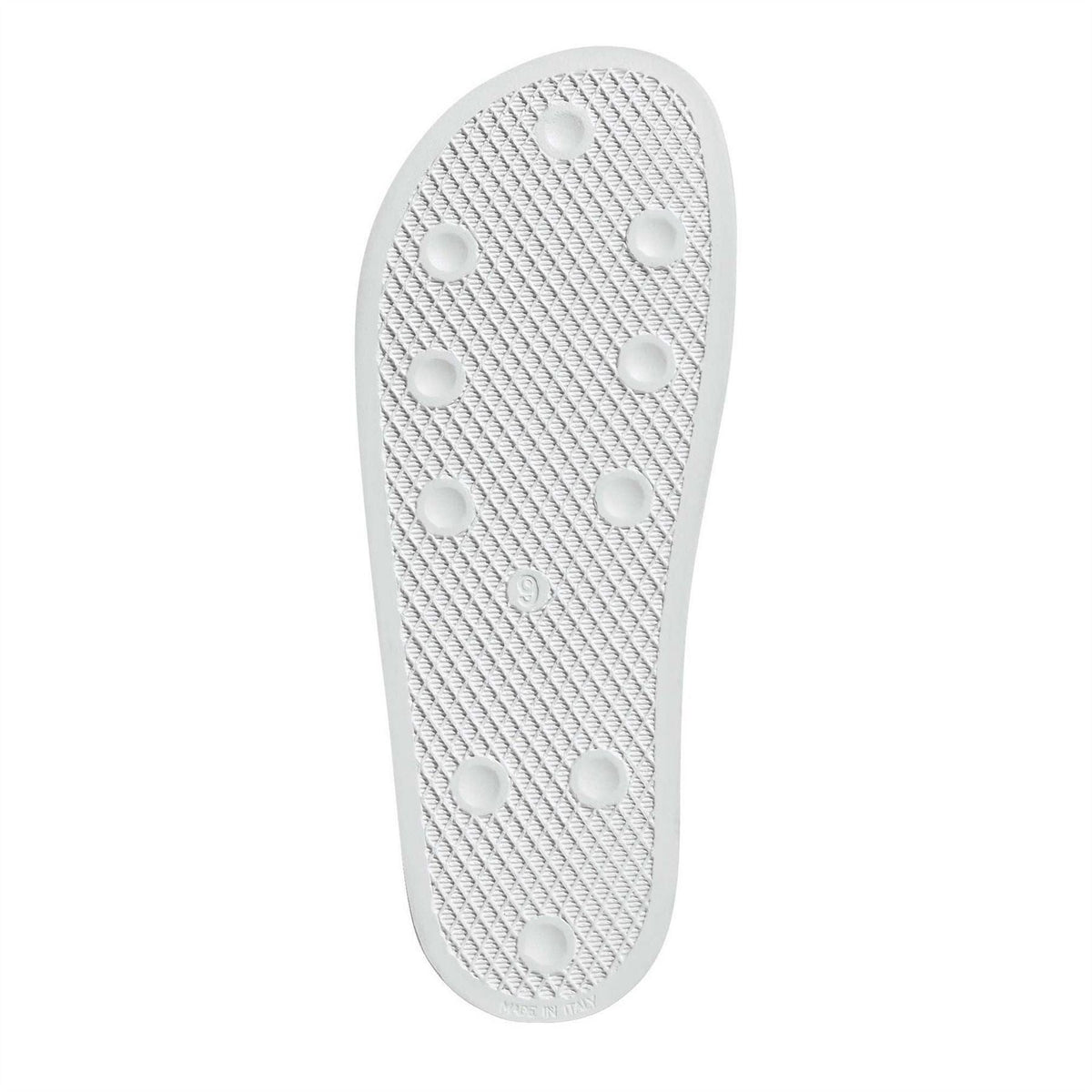 White adidas Originals slide sandal outsole with traction tread and circular grip dots