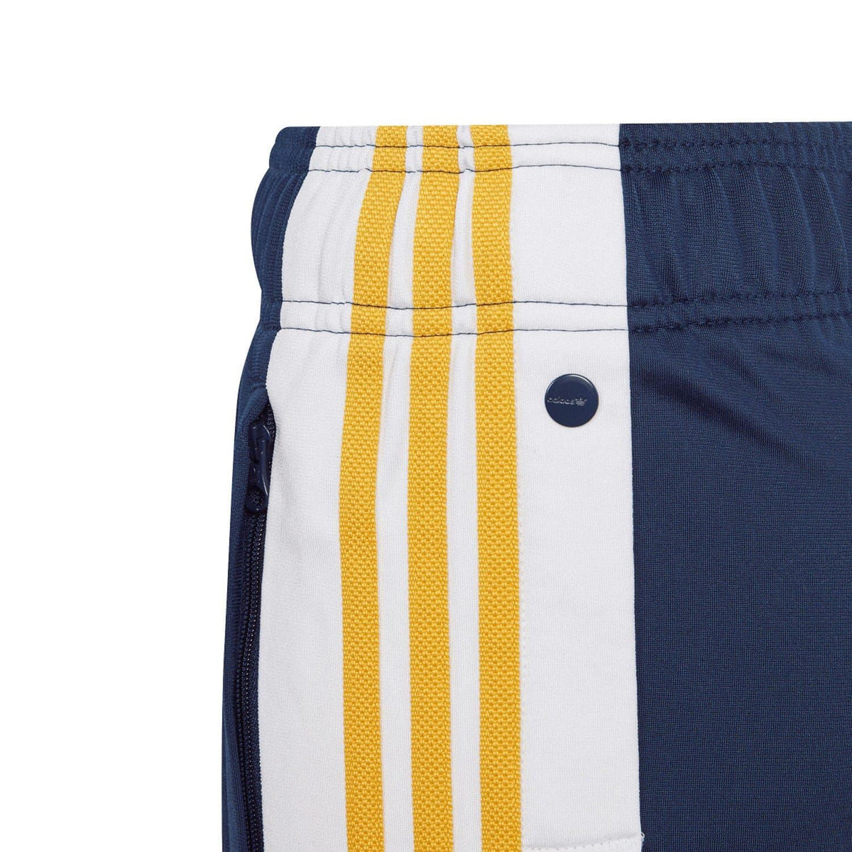 Navy juniors shorts with elastic waistband, white-and-yellow stripes, and side button detail