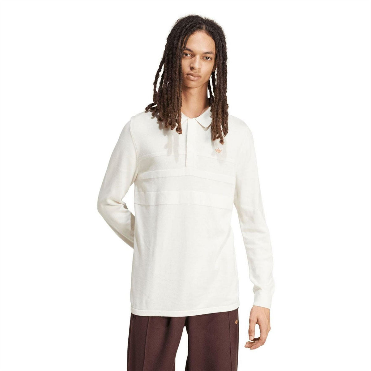 Off-white long sleeve polo shirt with button placket and ribbed collar