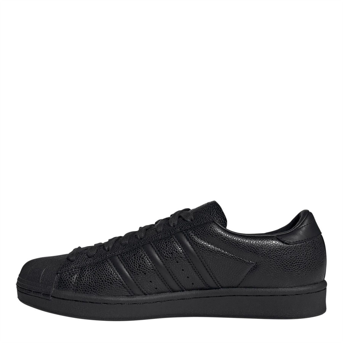 Black leather-effect low-top sneakers with three stripe detail and lace-up front