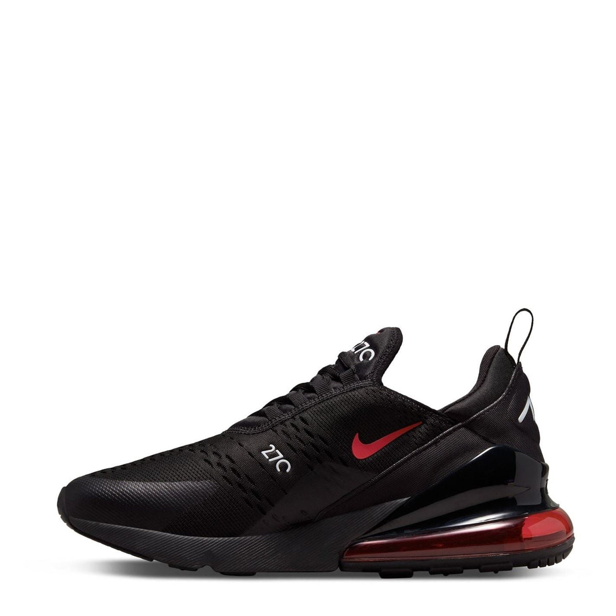 Air Max 270 sneaker side view in black with red heel air unit
