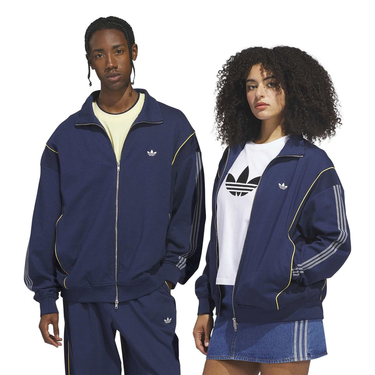adidas Originals track jacket, dark blue, full-zip with yellow piping and logo on chest