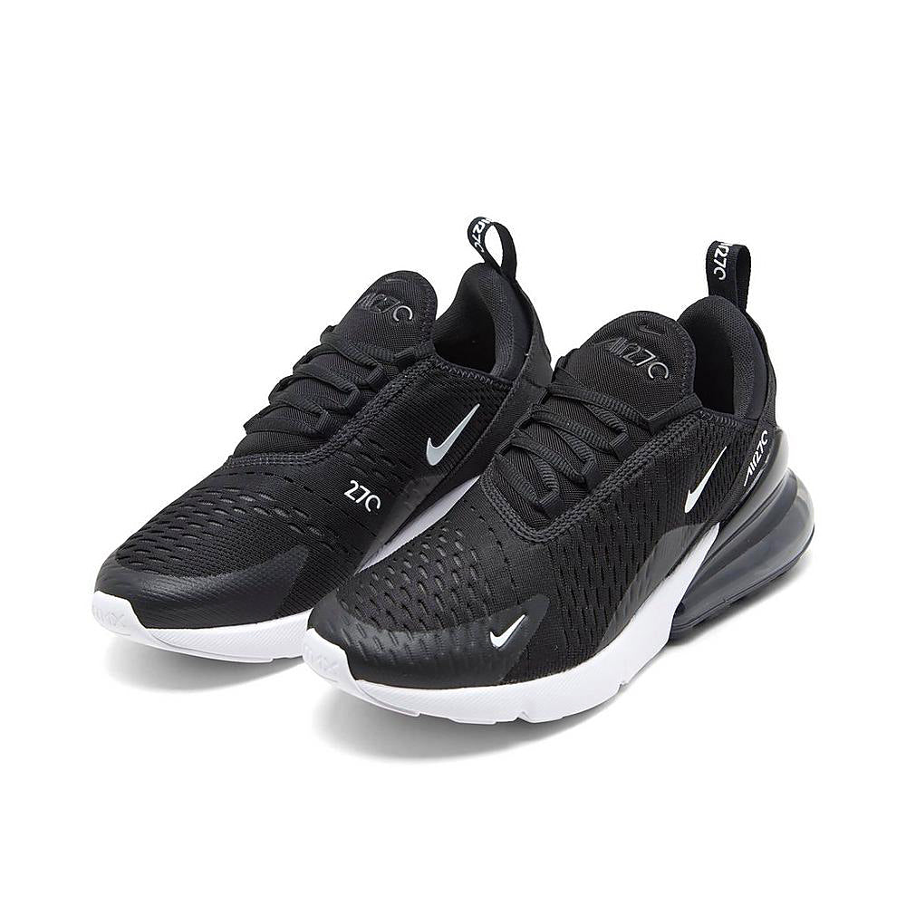 Kids Nike Air Max 270 sneaker pair, black mesh upper, white swoosh, lace-up