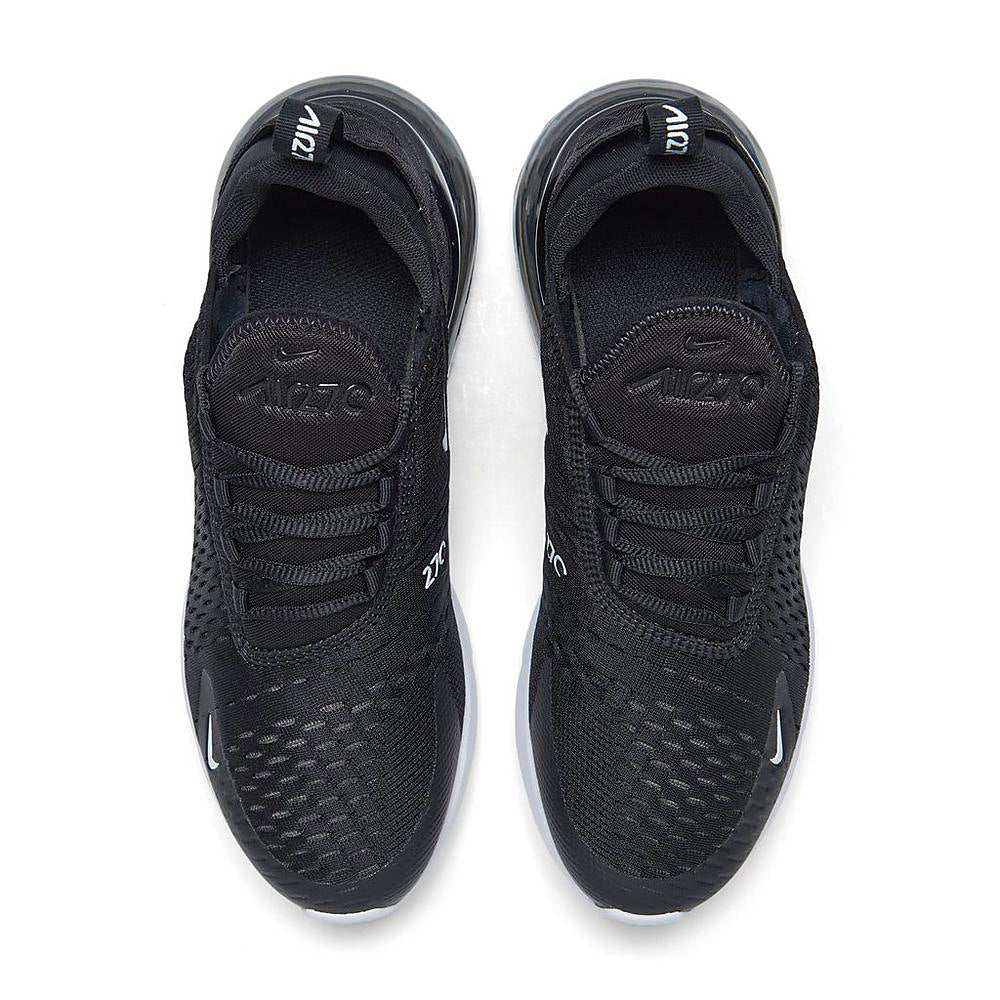 Kids Nike Air Max 270 sneaker toes, black upper with lace pattern and Nike swoosh