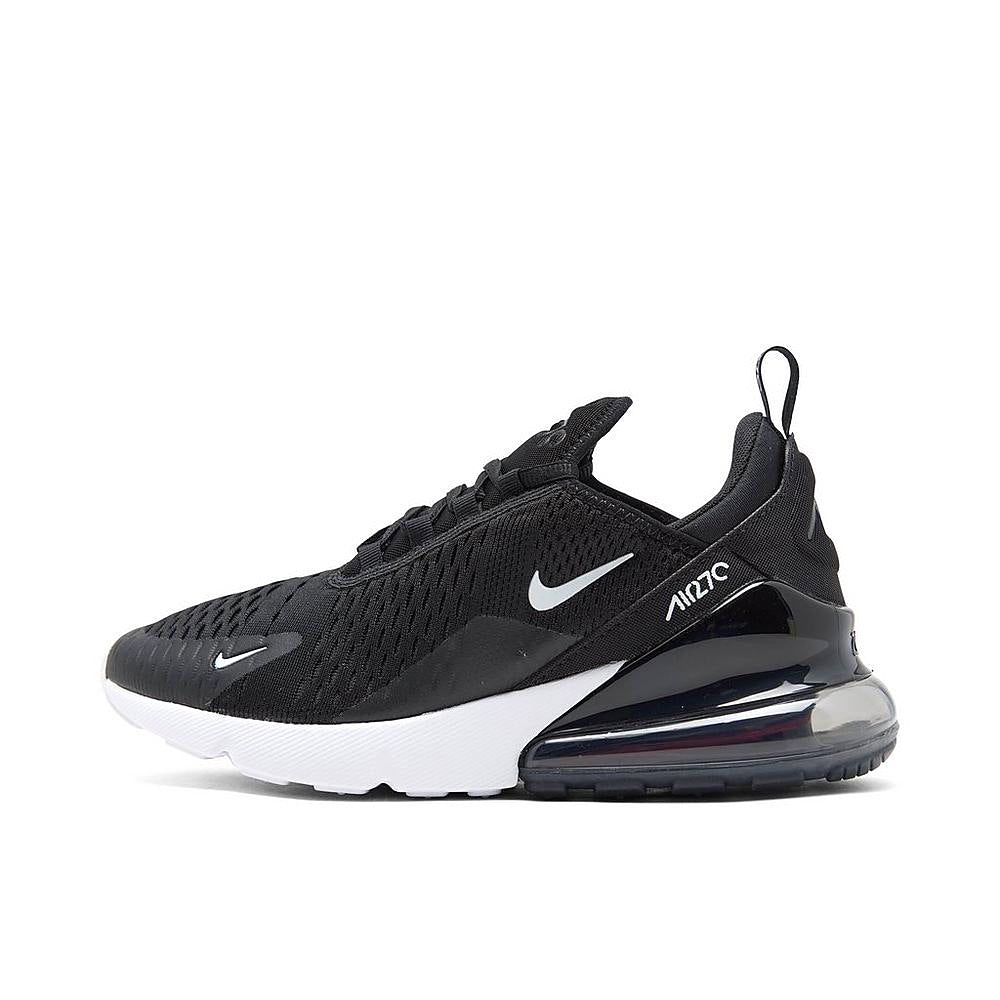 Kids Nike Air Max 270 sneaker, black knit upper with white swoosh and air sole
