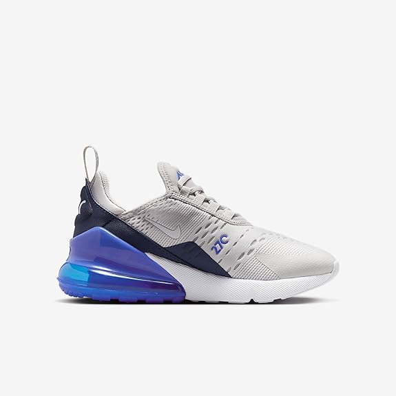 Kids' Nike Air Max 270 sneakers, gray mesh upper, navy swoosh, blue sole air