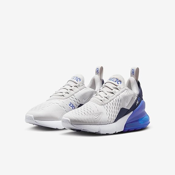 Kids' Nike Air Max 270 sneakers front view, gray knit, navy heel, bright blue air unit