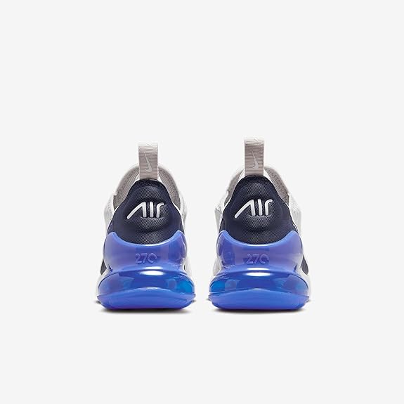 Kids' Nike Air Max 270 heel view, black heel tab with Air 270 text, blue air unit