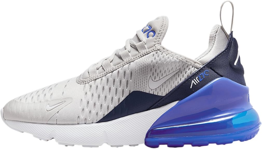 Kids' Nike Air Max 270 sneakers, light gray knit, navy accents, blue air unit