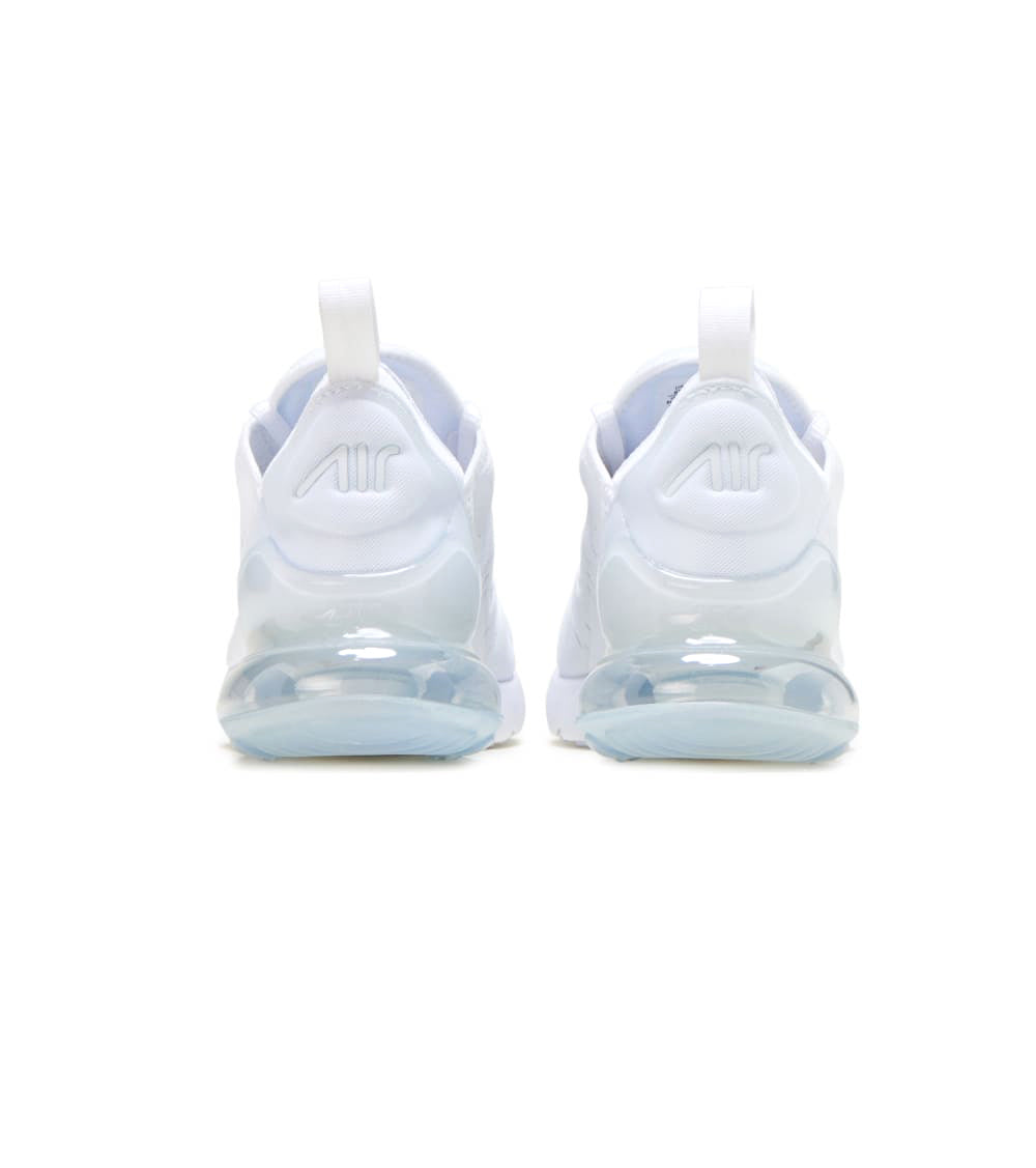 Air Max 270 big kid sneakers, white heel view with 'Air' logo and translucent midsole