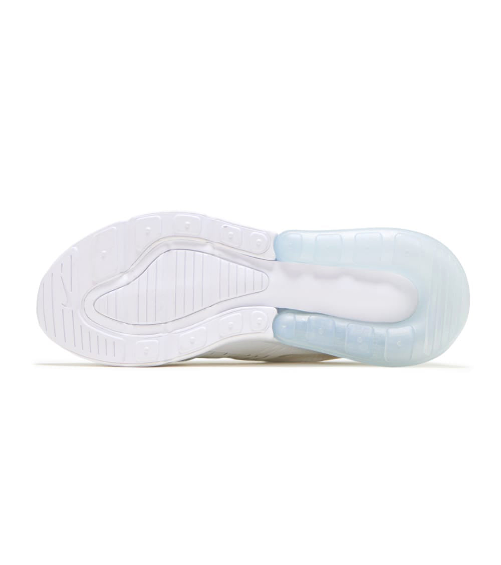 Air Max 270 big kid sneakers, underside view with white outsole and clear air unit