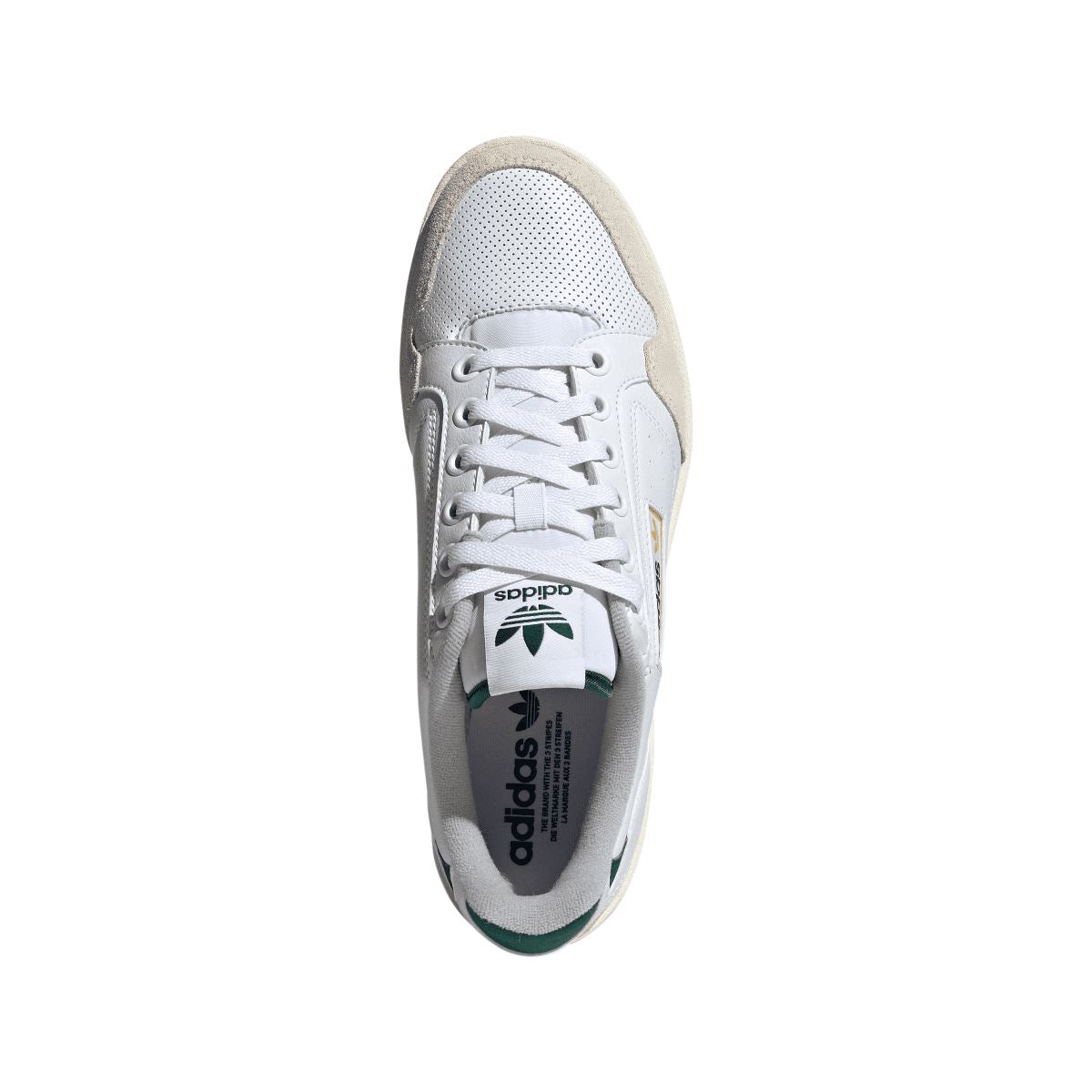 White adidas NY 90 trainers, top view of toe box with lace-up and logo tongue label