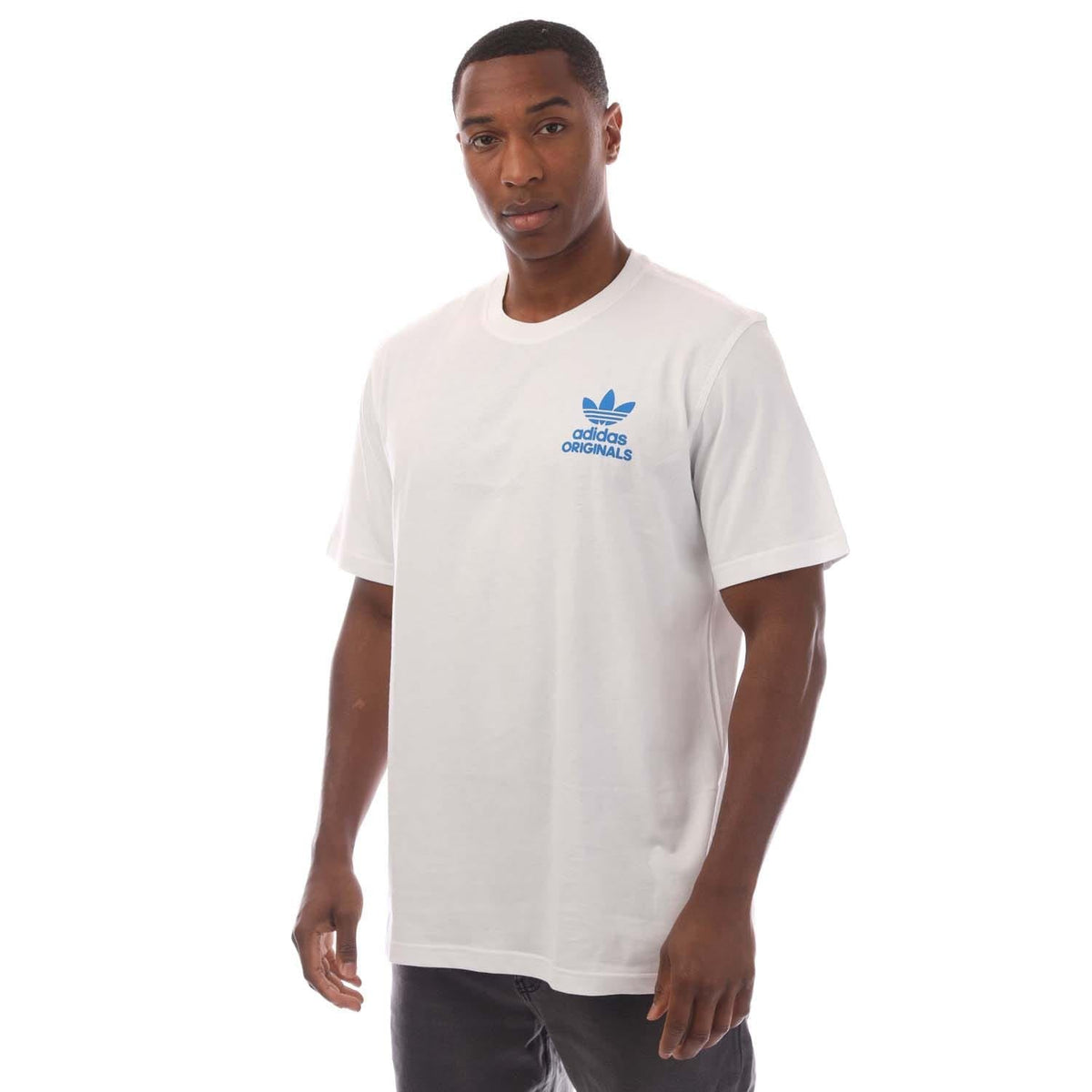 White adidas Originals T-shirt with blue trefoil logo on the left chest