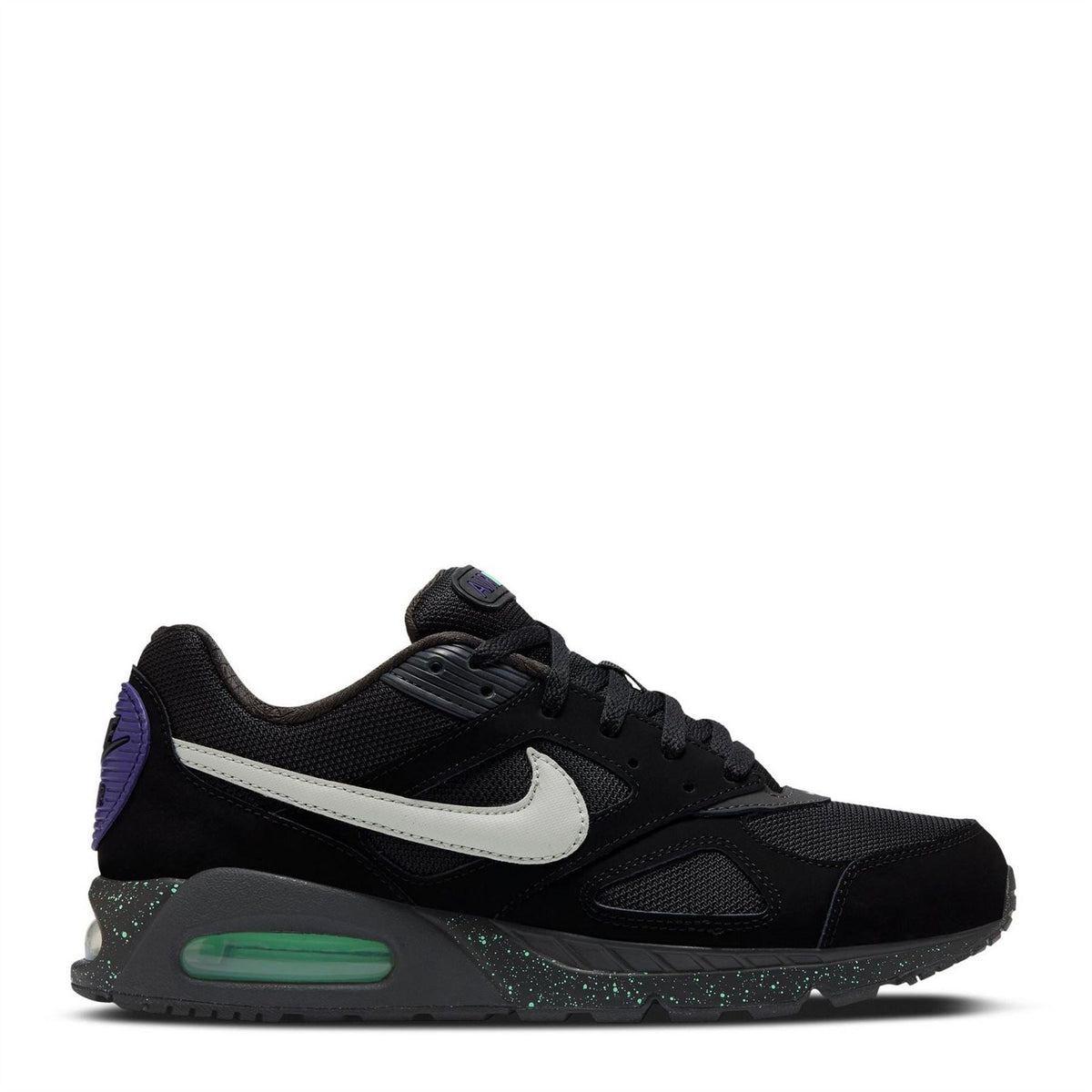 Black Nike Air Max trainer with white swoosh and green air unit detail