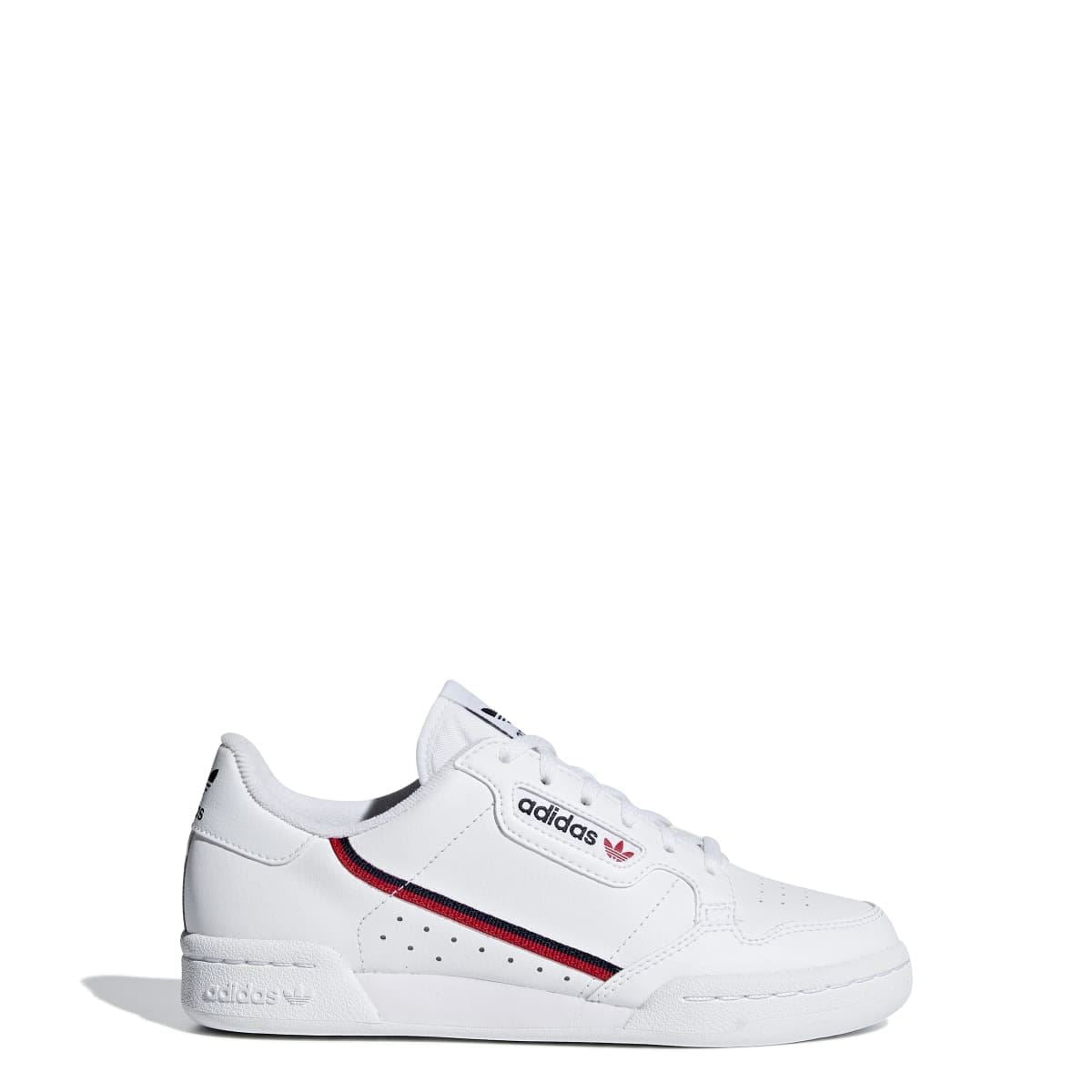 White low-top Adidas Originals Continental 80 junior sneakers, side stripe and lace-up.