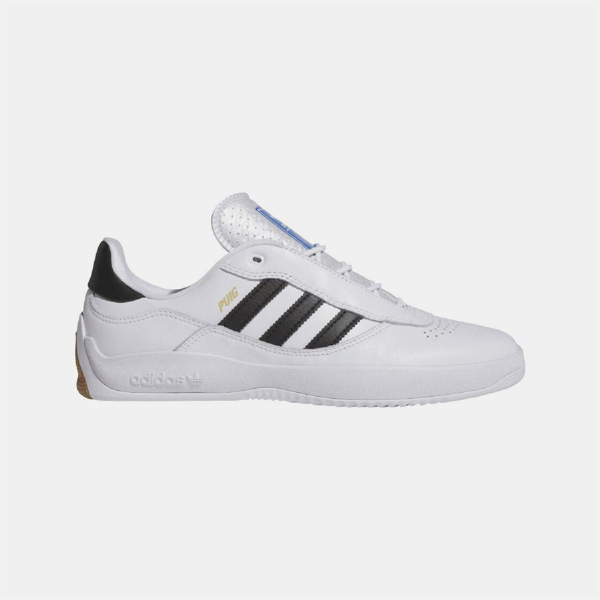 White adidas Originals trainers with black 3-Stripes and blue lace detailing