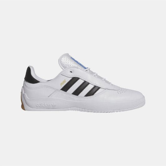 White adidas Originals trainers with black 3-Stripes and blue lace detailing