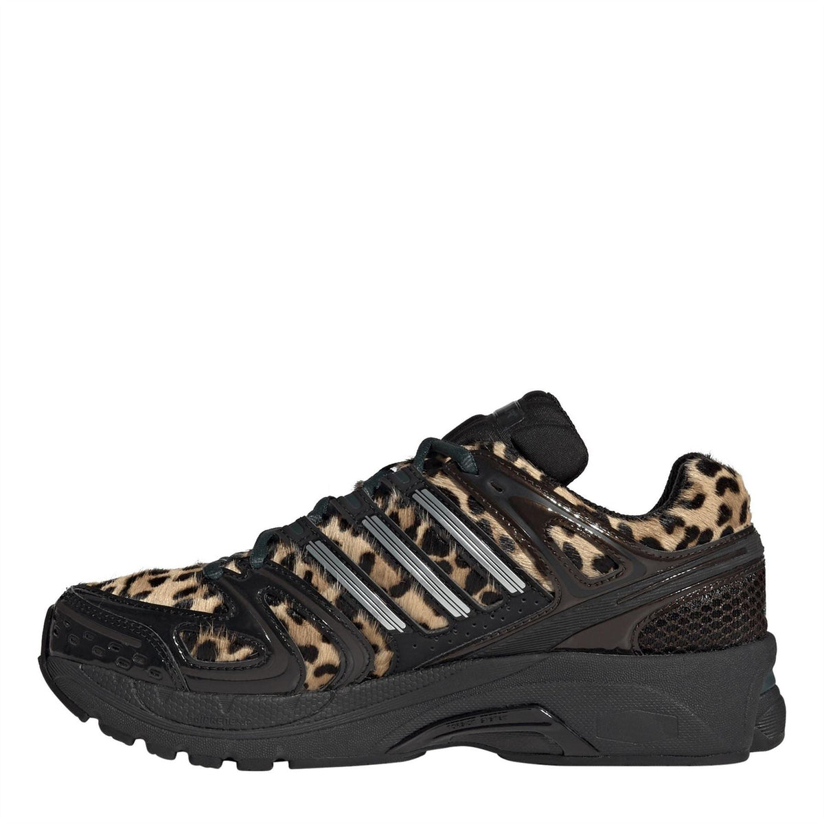 adidas Adistar Control 5 shoes, black with leopard print upper and metallic three stripes