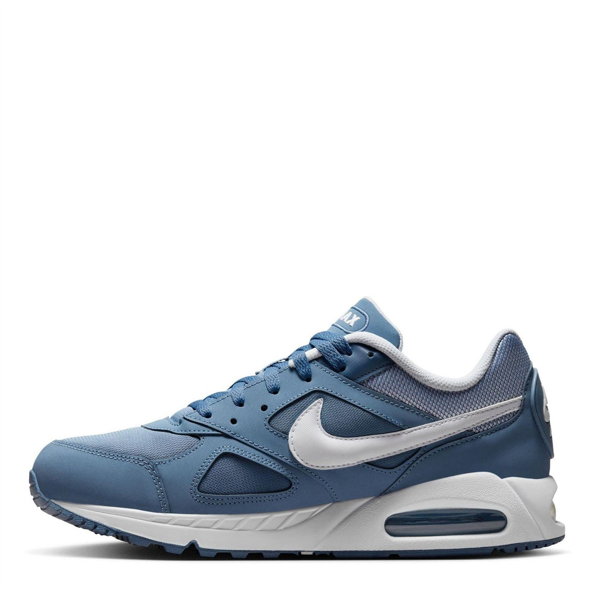 Blue Nike Air Max Ivo trainers, angled side view with white Swoosh and Air unit