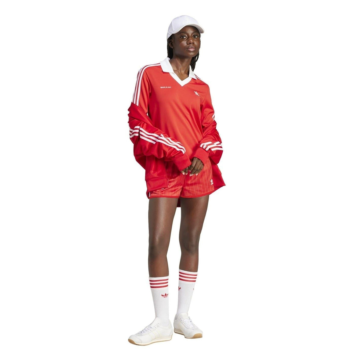 adidas Originals red long-sleeve V-neck polo with white collar and striped sleeves