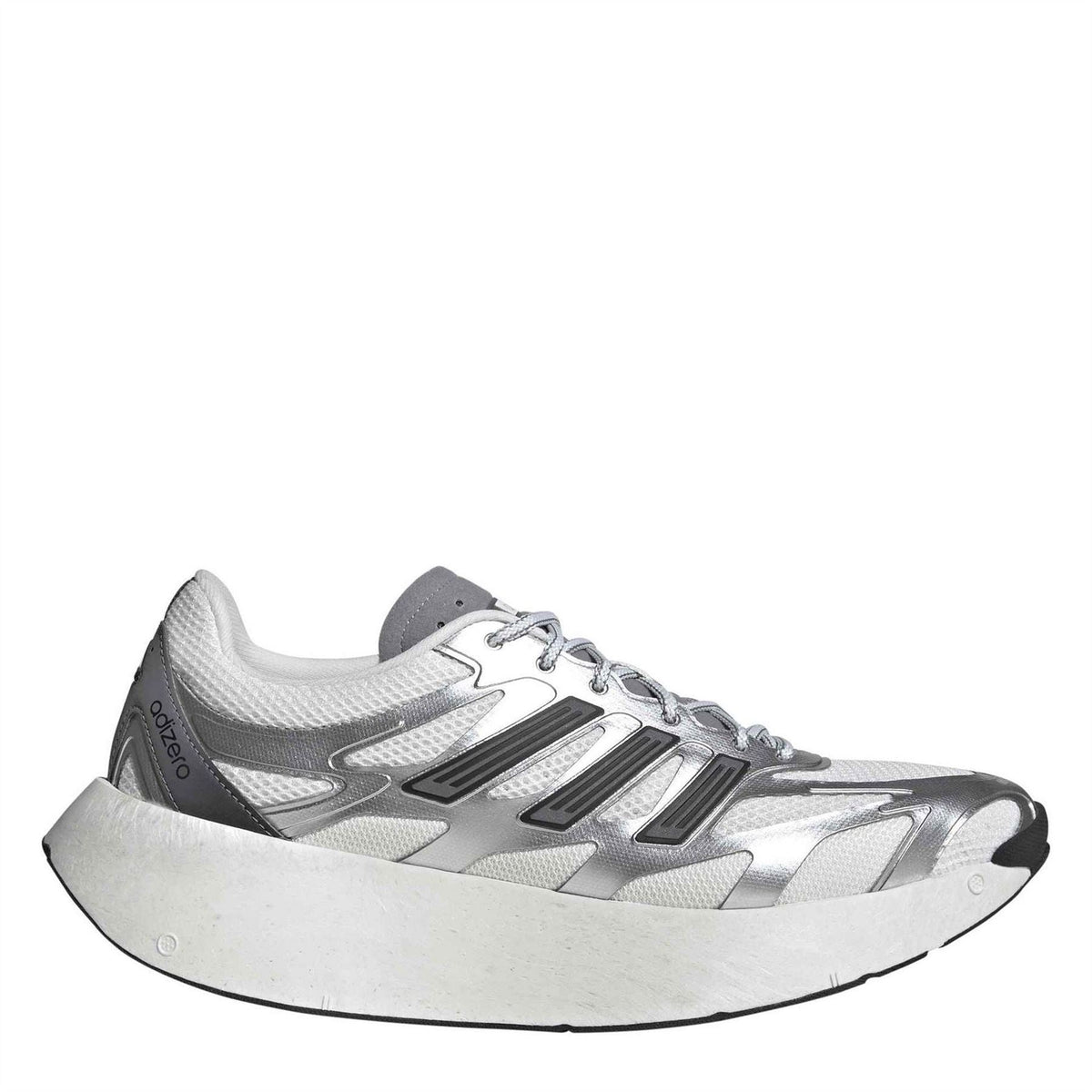 Silver and white low-top running shoe with Adidas stripes and lace-up closure.