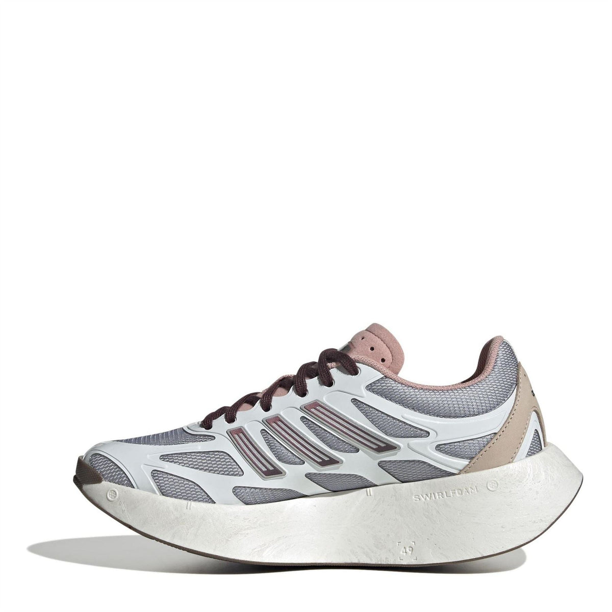 White and mauve low-top sneakers, side view with brown laces and cushioned upper