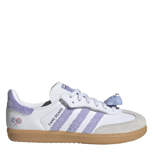 Kids' adidas Originals Samba-style sneakers with white upper, lavender stripes, gum sole