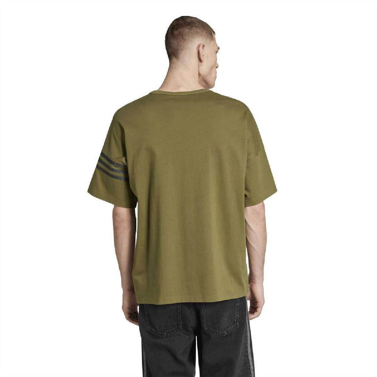 Focus olive crew-neck T-shirt with adidas side stripe detail (back view)