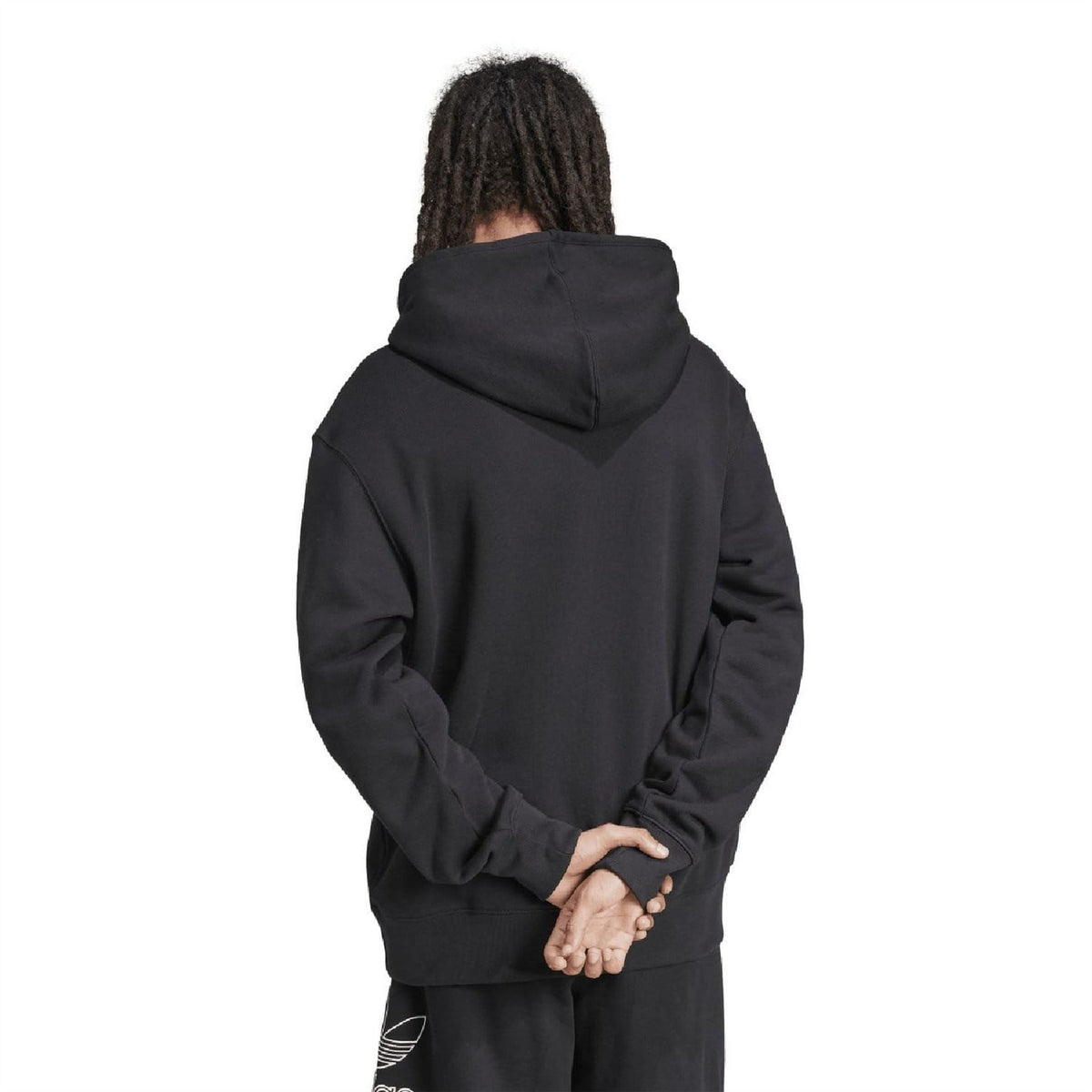 Black pullover hoodie with hood and adidas Trefoil outline logo on back