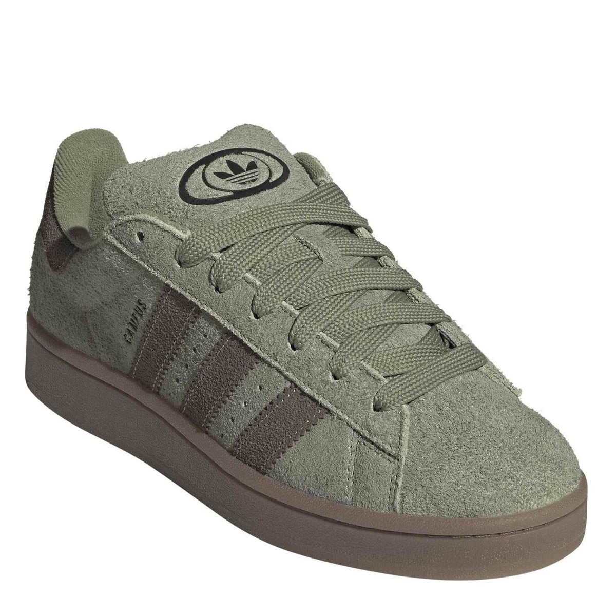 adidas Originals suede campus sneakers, olive green; Trefoil logo on tongue, lace-up