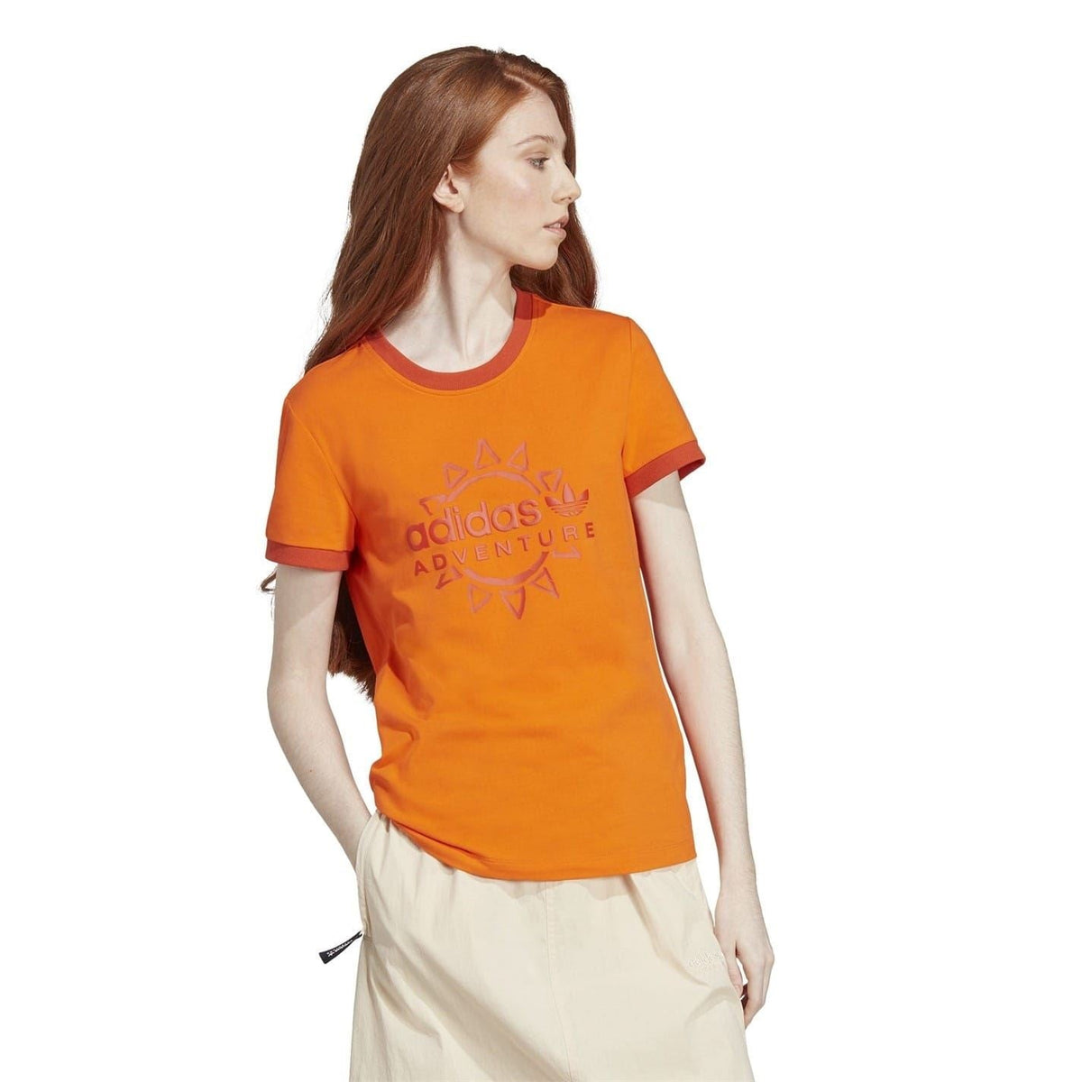 Orange short-sleeve crewneck T-shirt with adidas Originals Adventure logo graphic
