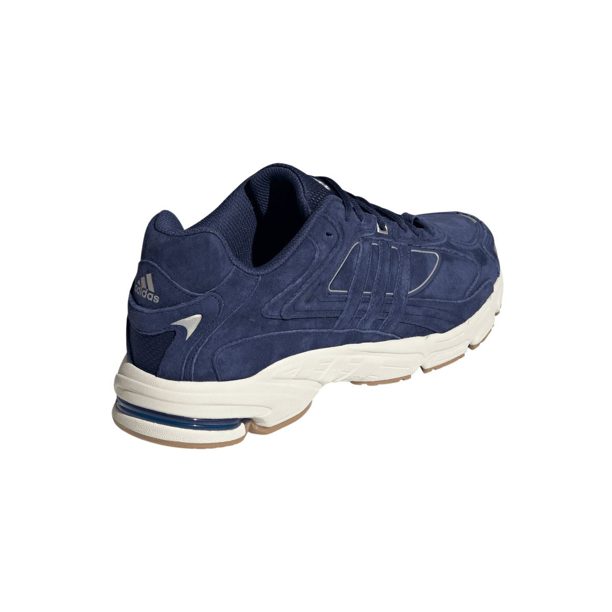 Navy adidas Response CL sneaker heel side view with cushioned white midsole