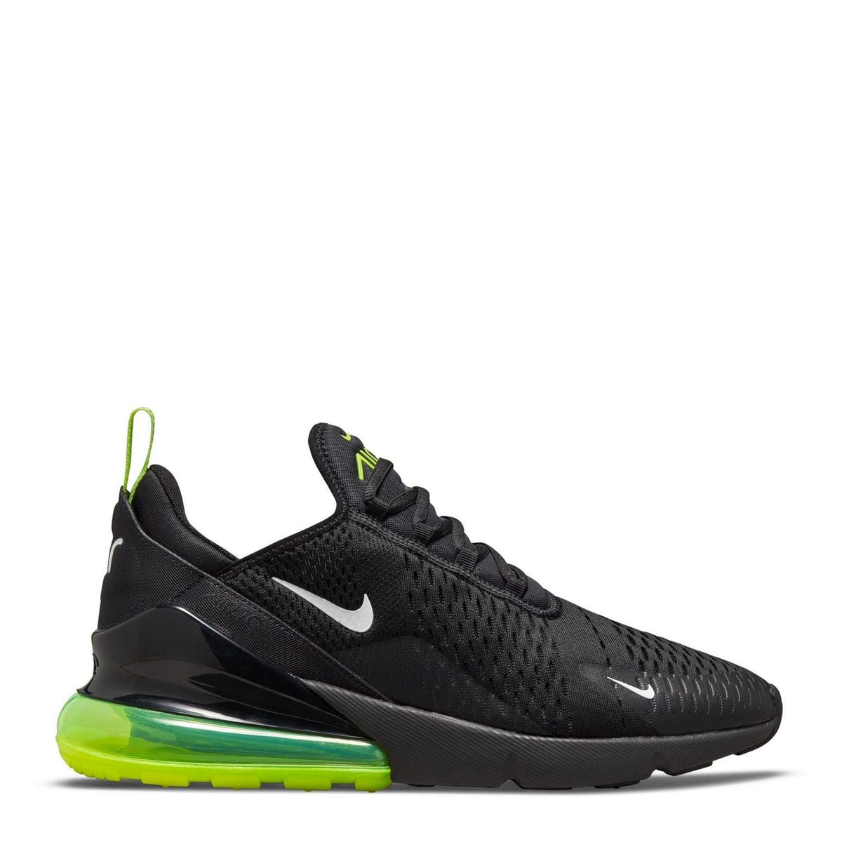 Air Max 270 trainers in black with neon green sole and matching green lace
