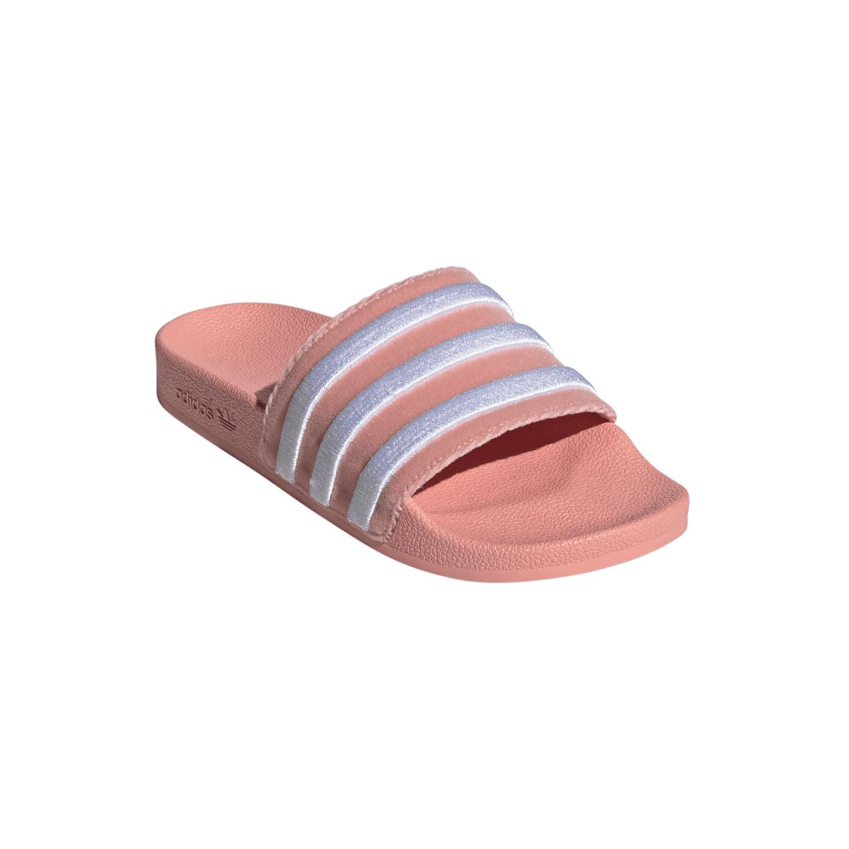 adidas Originals Adilette slide sandals mauve with white three-stripe band, angled view