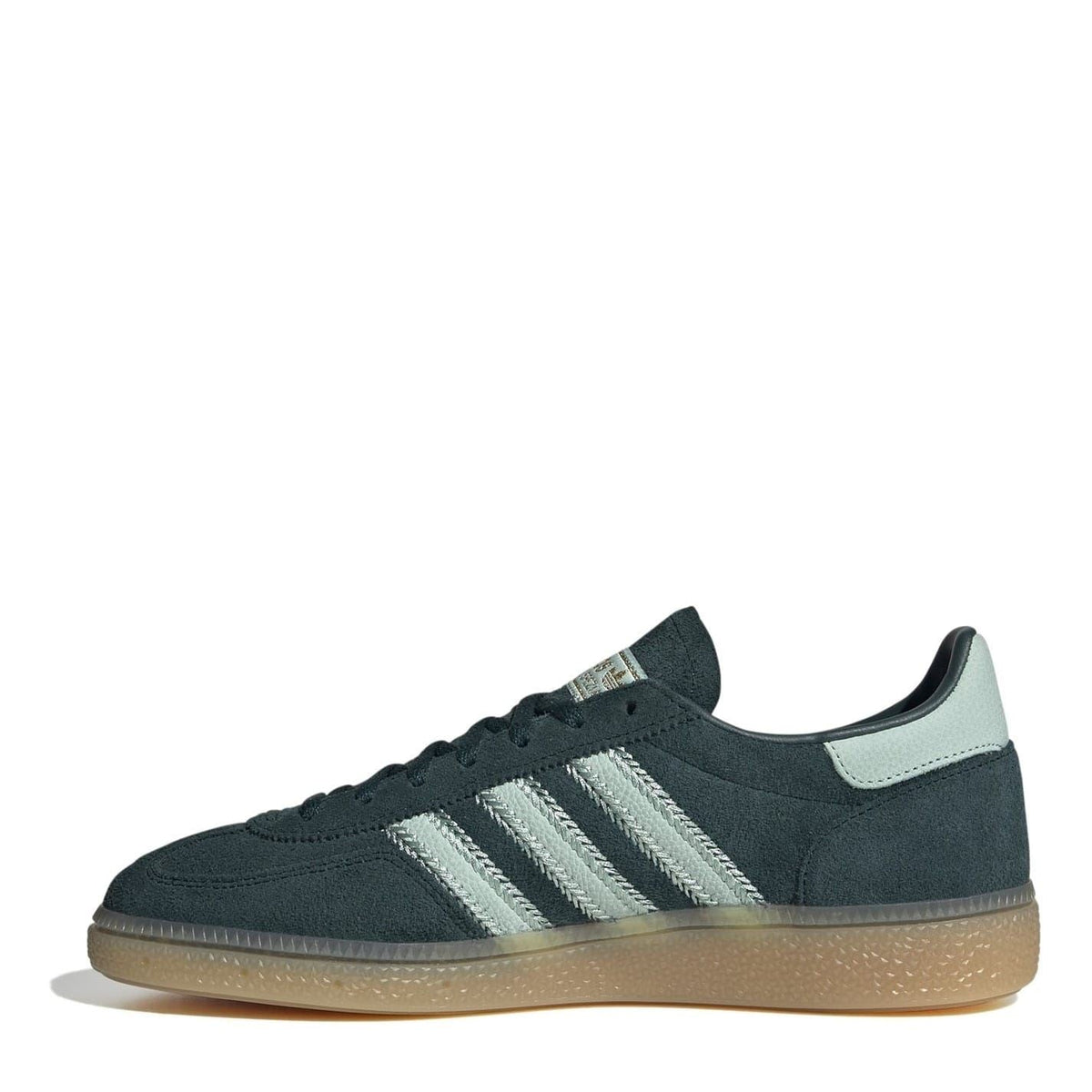 Women’s suede low-top sneakers, dark green with silver side stripes and gum sole