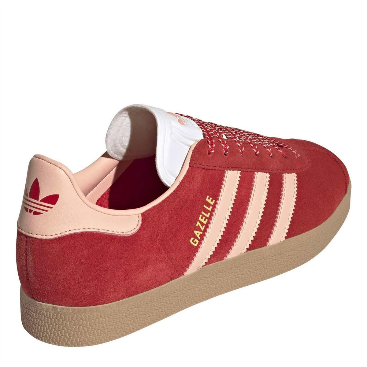 Red Gazelle trainers showing heel and cream collar lining, white 3-Stripes, tan sole