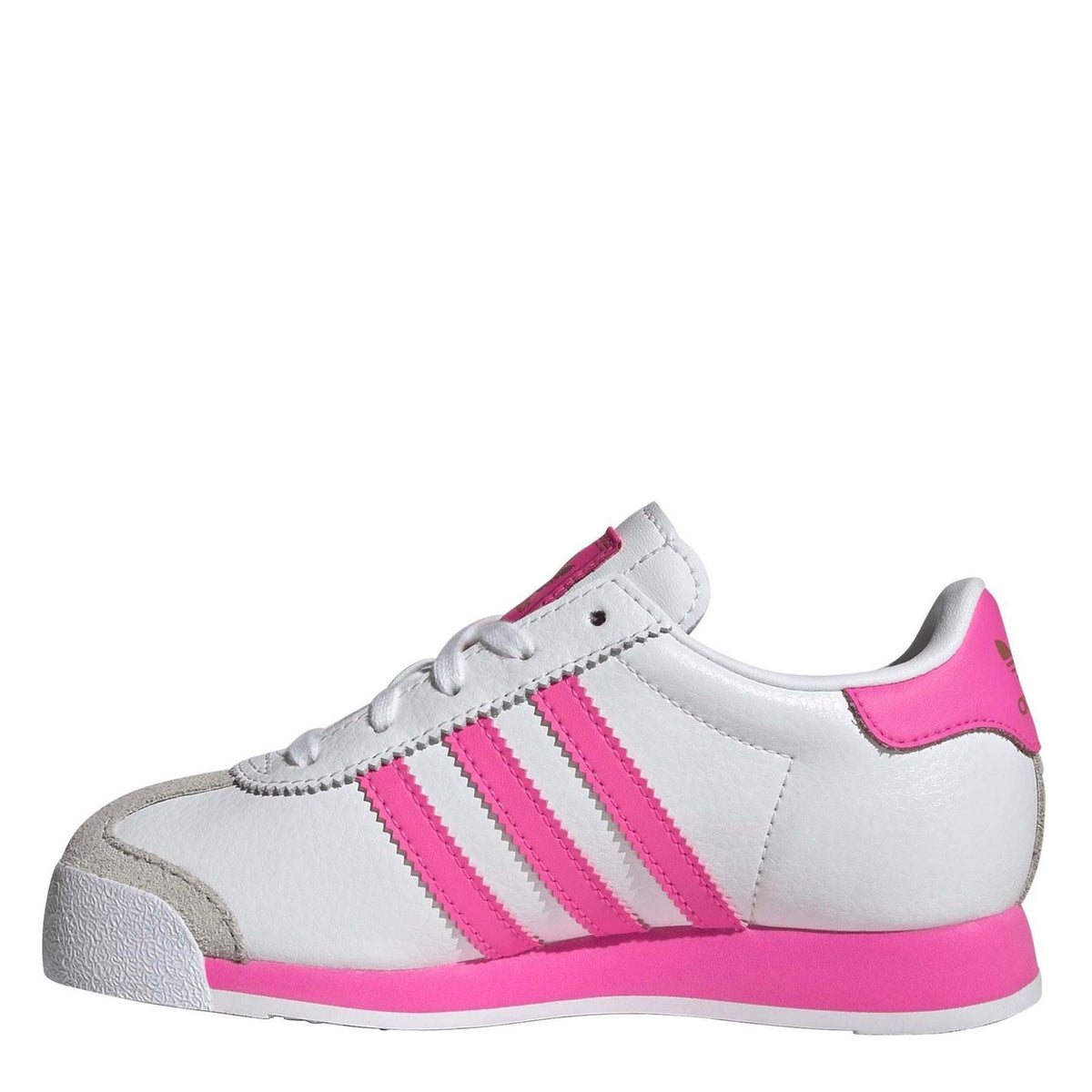 Kids' low-top sneakers, white upper with three bold pink stripes and lace-up