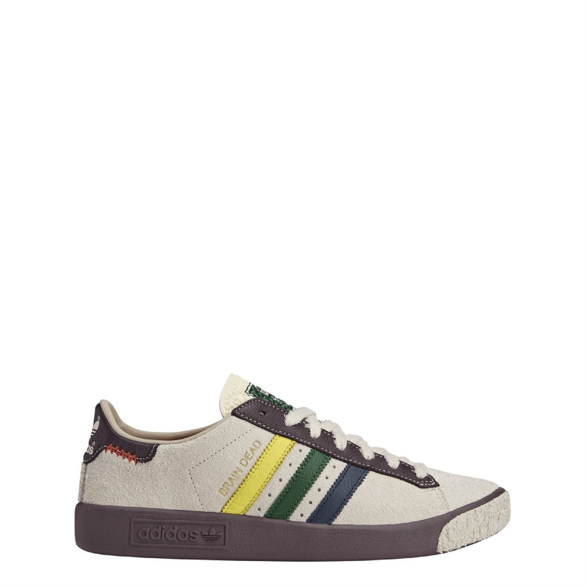 White suede low-top sneakers with multicolor adidas stripes and brown rubber sole