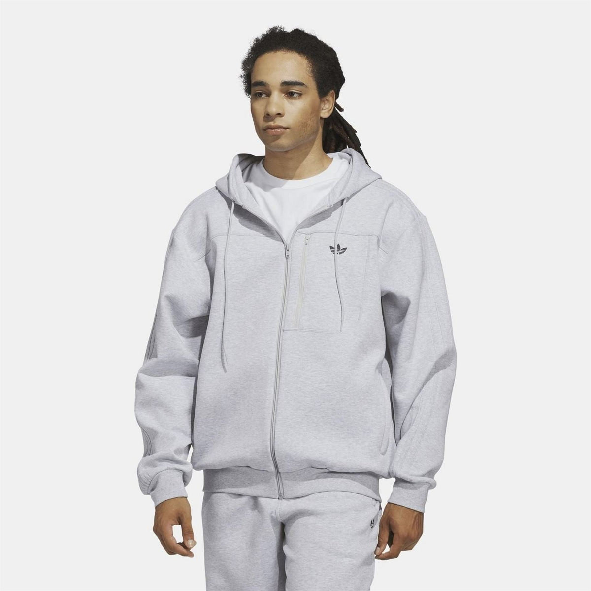 Grey adidas Originals fleece zip hoodie with hood, trefoil chest logo, and front pockets
