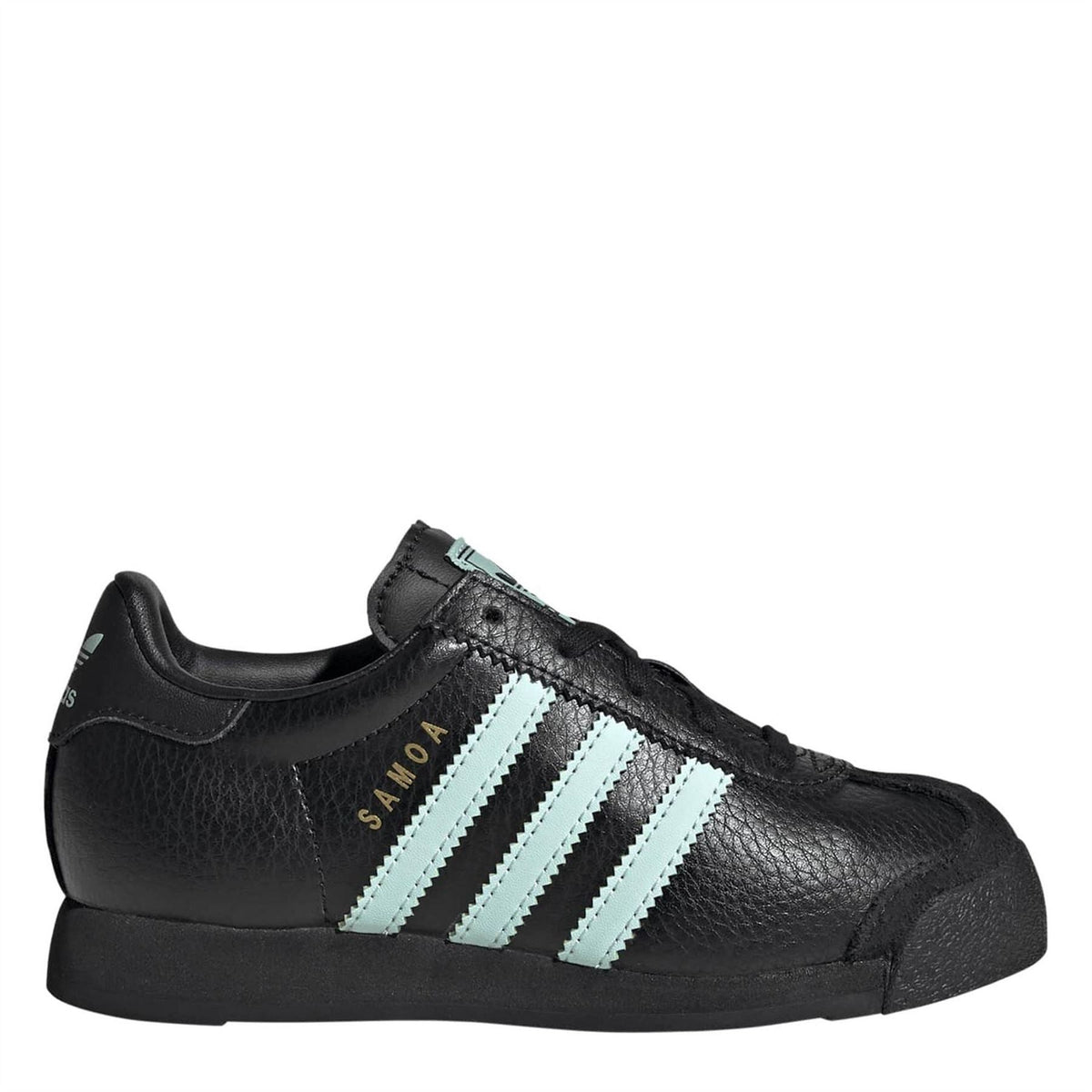 Black low-top sneakers with mint three-stripe side panels and lace-up closure