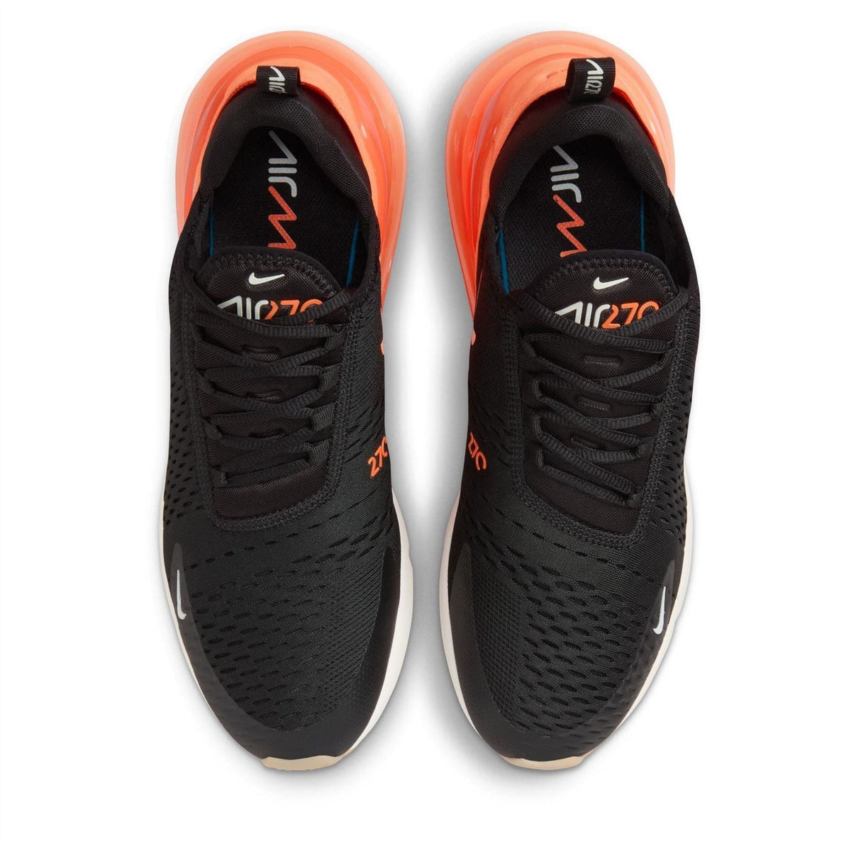 Nike Air Max 270 sneakers, black with orange interior and perforated knit panels