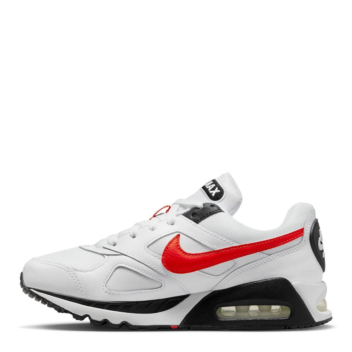 White boys' Air Max sneakers side view with red swoosh and black heel accents