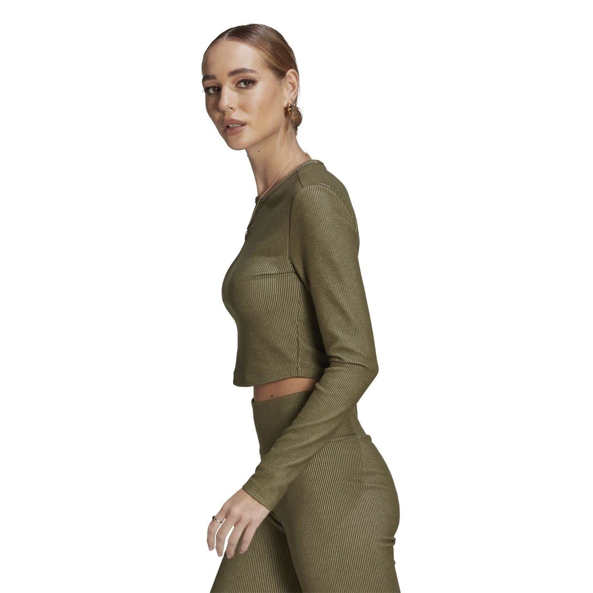 Olive cropped long-sleeve slim-fit sweater, side view, ribbed trim and cuffs