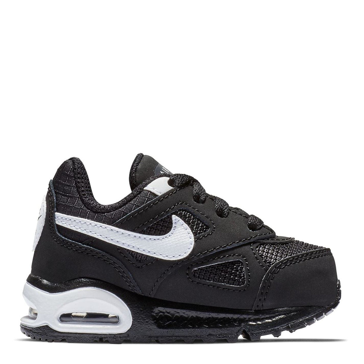 Black infant running shoes with white swoosh and visible Air Max window