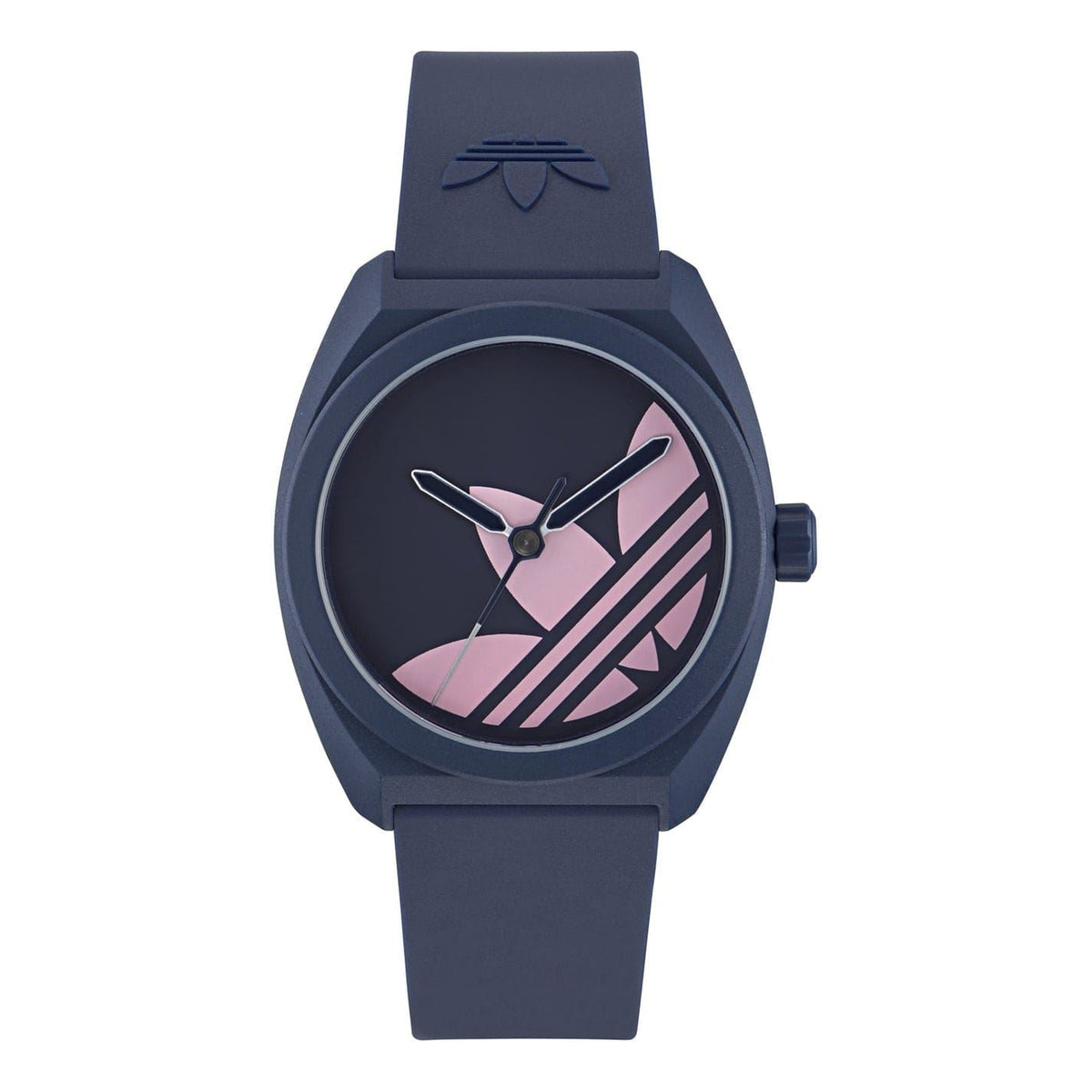 Navy rubber strap analogue watch with pink geometric dial and three-arrow hands
