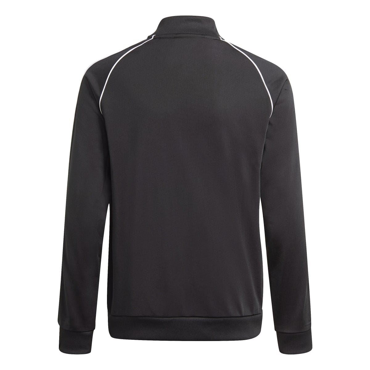 Black adidas juniors track jacket back view with curved white shoulder stripes