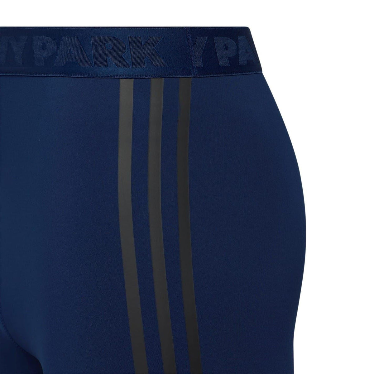 Navy high-waist leggings with elastic waistband and vertical three-stripe side detail